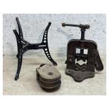 Erie Pennsylvania Pipe Vise, Wood Pulley & Iron