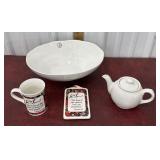 Serving bowl made in Portugal, teapot, and