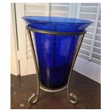 Cobalt Blue vase with silk hydrangeas in wrought