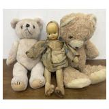 Doll and 2 bears - well loved and homeless