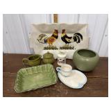 Rooster platter, creamer, sugar bowl, snack set,