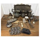 Metal pitchers, tray, bowls, duck, kitchen