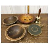 Wooden bowls, bell, pan w/ attached lid