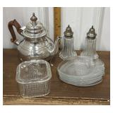 Kirk Stieff Williamsburg pewter tea pot, salt &