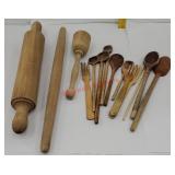 Box lot of wooden kitchenware including rolling