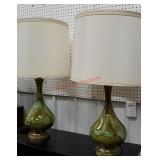 Pair of green brown drip glaze mid-century lamps