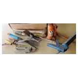 Box of miscellaneous tools including bottle jack