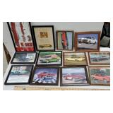 12 framed automotive photos & advertising