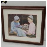 Amish kids print with cute little dog