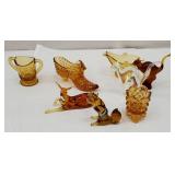 Box of Amber glassware and paperweights including