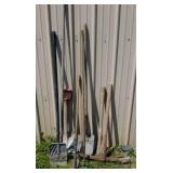 Group lot of hand tools shovels, picks