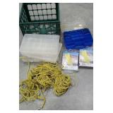 Crate lot plastic containers, air floats, etc