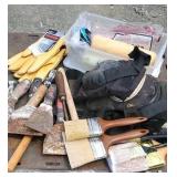 Box of paint supplies, knee pads, new wolverine