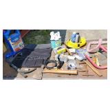 Box of miscellaneous - hatchet, 5-gallon bucket