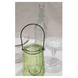 Box of clear glass and green glass candle lantern