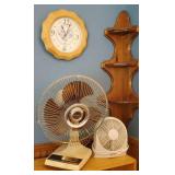 2 fans, clock, and corner shelf
