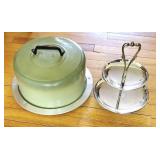 Avocado green cake carrier and Kromex tidbit tray