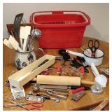 Red basket utensils including utensil crock,