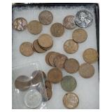 wheat pennies, silver quarter, and nickel with