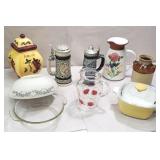 Box lot- steins, biscotti jar, pitchers, etc