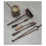 Cast iron Fire starter pot, lead soldering irons,