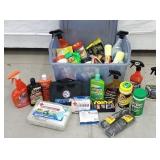 Plastic tub lot of cleaning supplies and first