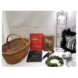 Basket lot - military books, deco music box,
