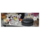 Bottom row stainless steel cart 
Coffee mugs,