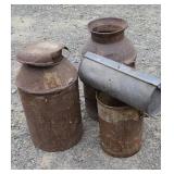 2 milk cans, pail, etc
