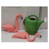 Pair of Retro pink flamingos & flamingo watering