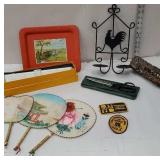 Box miscellaneous - wooden alligator, slide rule,