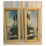 Pair of oil on board cattail paintings