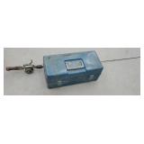 Vintage blue tackle box and fishing pole with