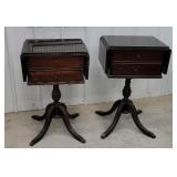 Pair of mahogany drop leaf end stands brass