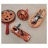 4 tin Halloween noise makers