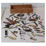 Wooden box full of pocket knives including case,