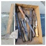 Box of miscellaneous tools - including hatchet,