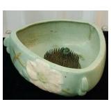 Weller pottery vase with heavy iron flower frog