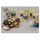 Box of Christmas balls including Corning, singing