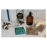 Large box lot misc - brass birds, puzzles, sign