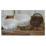 6 bowls - blue and white Fire King and Amber