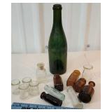 Box tiny bottles, creamer, and green bottle with