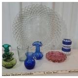 Box of glassware - blue pitchers, platter, etc