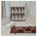 Box of silver overlay glasses, musical shelf,