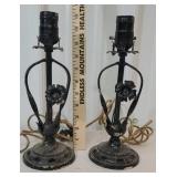 Pair of cast iron base lamps with original cloth