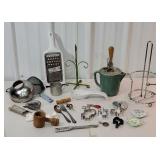 Box of misc kitchen items including stoneware egg