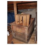 Wooden crates & metal basket