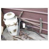 Milk Can, Saw, cast wheel, pulleys & more