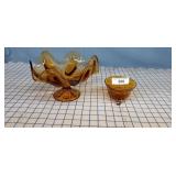 2PC Amber glass candy dish & Compote