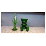4pc green glass vase, cups & candle taper holder